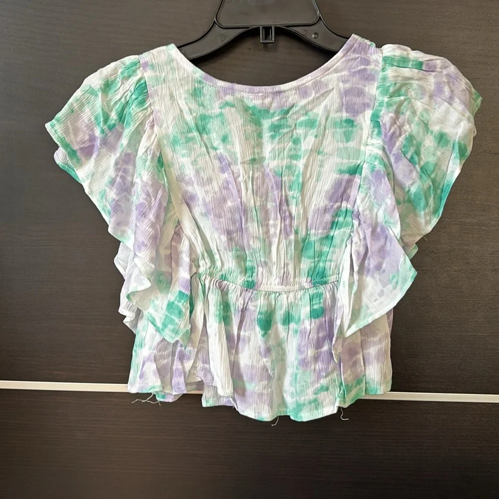 Justice Girls White Purple and Green Short Sleeve Ruffle Detailing Top
